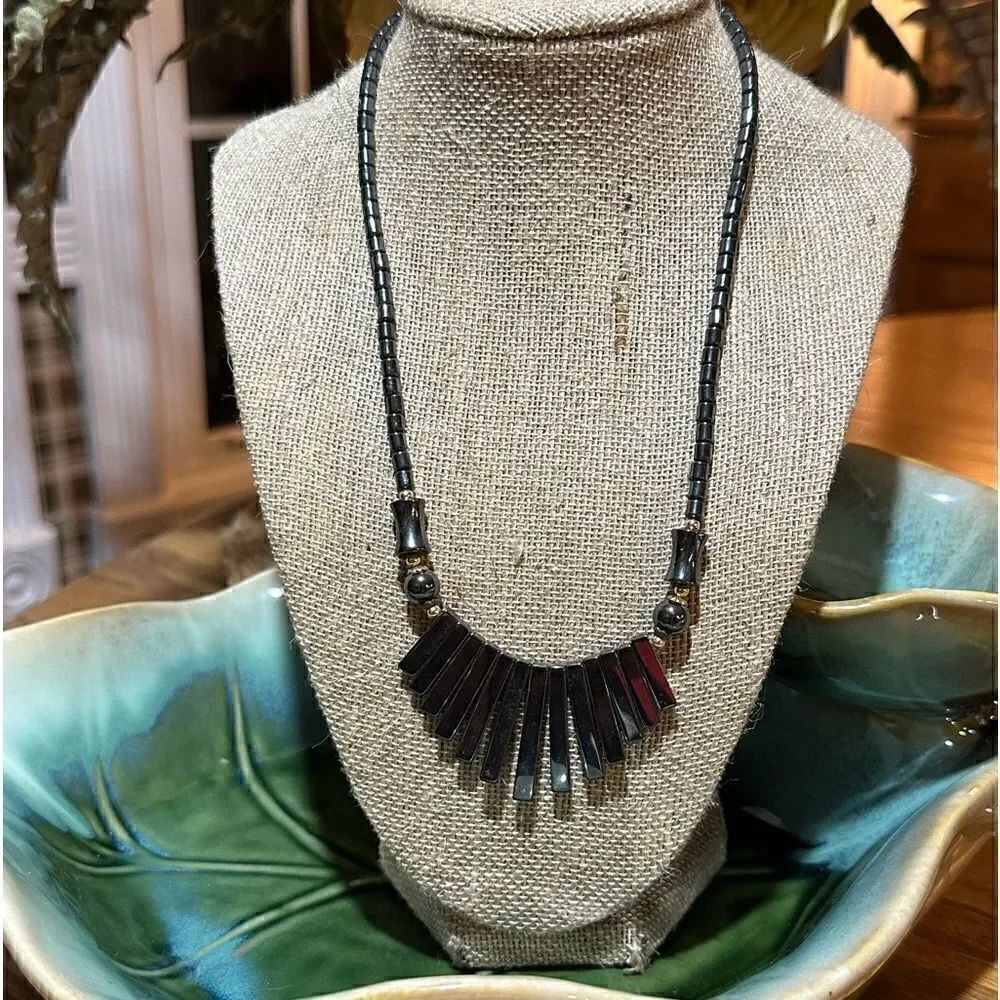 Genuine Hematite Necklace Graduated Focal 16”